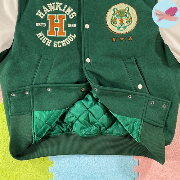NWOT Ltd. Ed. H&M, Green, Stranger Things Hawkins High Tigers Letterman Jacket - Picture 11 of 13